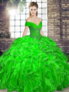 Sumptuous Off The Shoulder Sleeveless Quinceanera Gowns Floor Length Beading and Ruffles Green Organza