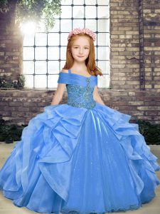 Blue Little Girls Pageant Gowns Party and Sweet 16 and Wedding Party with Beading and Ruffles Straps Sleeveless Lace Up