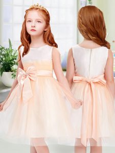 Dazzling Peach Empire Tulle Scoop Sleeveless Bowknot Knee Length Zipper Kids Pageant Dress