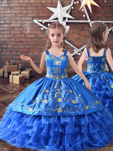 Custom Designed Sleeveless Embroidery and Ruffled Layers Lace Up Little Girls Pageant Dress