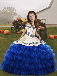 Ball Gowns Kids Formal Wear Blue Straps Organza Sleeveless Floor Length Lace Up