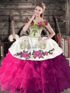 Off The Shoulder Sleeveless Lace Up Sweet 16 Quinceanera Dress Fuchsia Satin