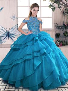 Blue Sleeveless Beading and Ruffled Layers Floor Length Sweet 16 Dress