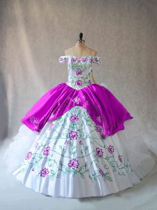 Sleeveless Floor Length Embroidery and Ruffles Lace Up Sweet 16 Dress with White And Purple