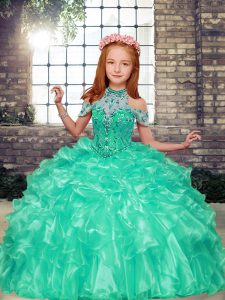 Apple Green Little Girls Pageant Gowns Party and Wedding Party with Beading and Ruffles High-neck Sleeveless Lace Up