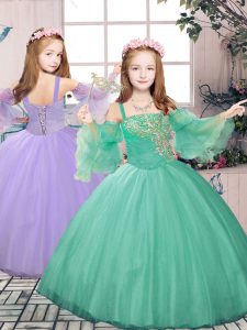 Turquoise Ball Gowns Straps Sleeveless Tulle Floor Length Lace Up Beading and Appliques Girls Pageant Dresses