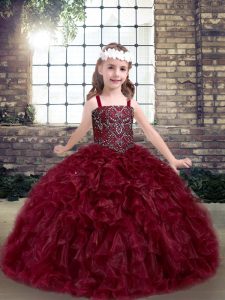 Latest Burgundy Straps Lace Up Beading and Ruffles Little Girls Pageant Dress Wholesale Sleeveless