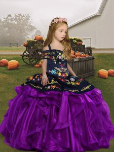 Attractive Eggplant Purple Ball Gowns Organza Straps Sleeveless Embroidery Floor Length Lace Up Little Girls Pageant Dress Wholesale