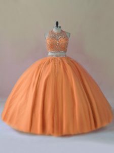 Custom Made Orange Two Pieces Halter Top Sleeveless Tulle Floor Length Backless Beading Quinceanera Dress