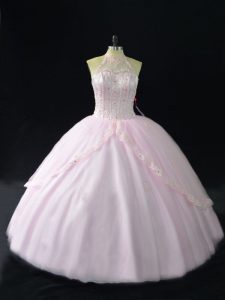 Pink Sleeveless Tulle Quince Ball Gowns for Sweet 16 and Quinceanera