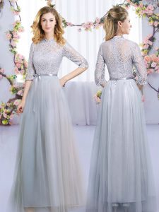 Grey High-neck Zipper Lace and Belt Court Dresses for Sweet 16 Half Sleeves
