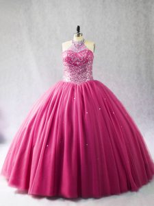 Unique Hot Pink Halter Top Lace Up Beading 15th Birthday Dress Brush Train Sleeveless
