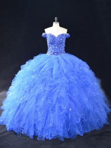 Vintage Blue Ball Gowns Tulle Off The Shoulder Sleeveless Beading and Ruffles Floor Length Lace Up 15 Quinceanera Dress