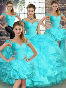 Aqua Blue Off The Shoulder Lace Up Beading and Ruffles Sweet 16 Dress Sleeveless