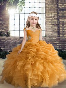 Perfect Orange Sleeveless Floor Length Beading and Ruffles and Pick Ups Lace Up Little Girl Pageant Dress