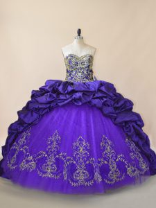 Enchanting Satin and Organza Sweetheart Sleeveless Brush Train Lace Up Embroidery and Pick Ups Sweet 16 Dresses in Purple