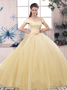 Dramatic Champagne Tulle Lace Up Sweet 16 Dress Short Sleeves Floor Length Lace and Hand Made Flower