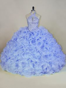 Lavender Sleeveless Fabric With Rolling Flowers Brush Train Lace Up Quince Ball Gowns for Sweet 16 and Quinceanera