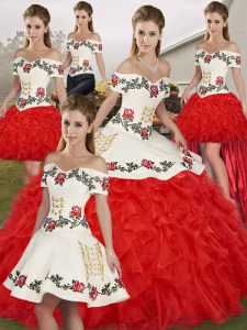 Enchanting White And Red Sleeveless Organza Lace Up Sweet 16 Dresses for Military Ball and Sweet 16 and Quinceanera