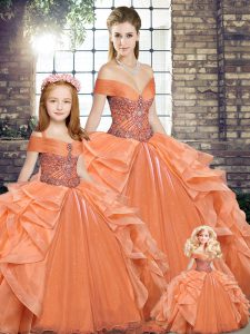Clearance Orange Sleeveless Organza Lace Up Quinceanera Gowns for Military Ball and Sweet 16 and Quinceanera