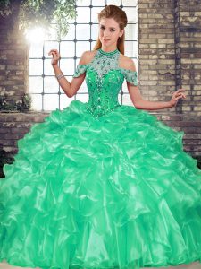 Turquoise Ball Gowns Beading and Ruffles 15 Quinceanera Dress Lace Up Organza Sleeveless Floor Length