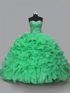 Ideal Floor Length Lace Up Quince Ball Gowns Green for Sweet 16 and Quinceanera with Beading and Ruffles
