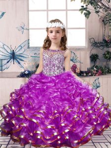 Excellent Fuchsia Ball Gowns Scoop Sleeveless Organza Floor Length Lace Up Beading and Ruffles Little Girls Pageant Dress Wholesale