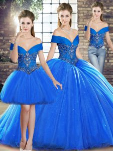 Luxurious Off The Shoulder Sleeveless Quinceanera Gowns Brush Train Beading Royal Blue Organza