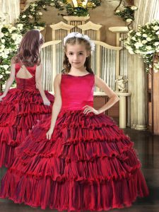 Red Sleeveless Floor Length Ruffled Layers Lace Up Little Girls Pageant Dress