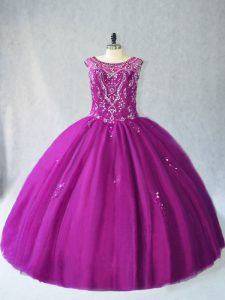 Purple Tulle Lace Up Scoop Sleeveless Floor Length Quinceanera Gowns Beading