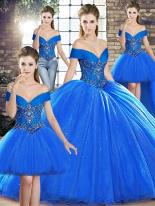Royal Blue Quinceanera Dresses Organza Brush Train Sleeveless Beading