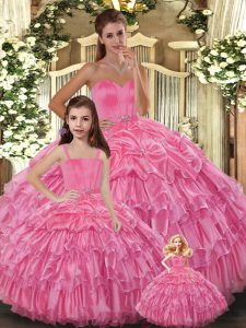Floor Length Rose Pink Quinceanera Gown Organza Sleeveless Ruffled Layers