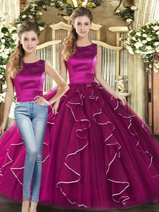 Tulle Scoop Sleeveless Lace Up Ruffles Quinceanera Dress in Fuchsia