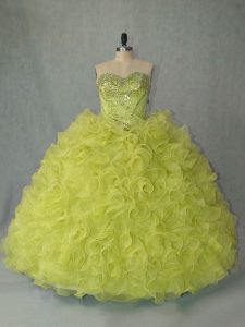Wonderful Yellow Green Sweetheart Lace Up Beading and Ruffles Quinceanera Gown Brush Train Sleeveless