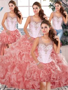 Watermelon Red Ball Gowns Organza Scoop Sleeveless Beading and Ruffles Floor Length Clasp Handle Sweet 16 Quinceanera Dress