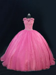 Scoop Sleeveless Quinceanera Dress Floor Length Beading and Lace and Sequins Hot Pink Tulle