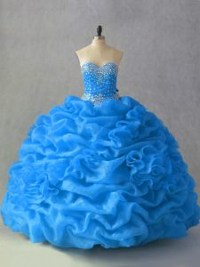 Sumptuous Blue Sweetheart Neckline Beading and Pick Ups and Hand Made Flower Quinceanera Dress Sleeveless Lace Up