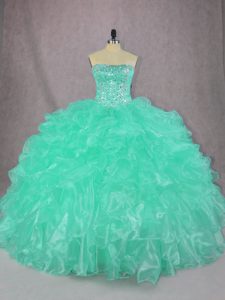Customized Turquoise Strapless Neckline Beading and Ruffles Sweet 16 Dresses Sleeveless Lace Up
