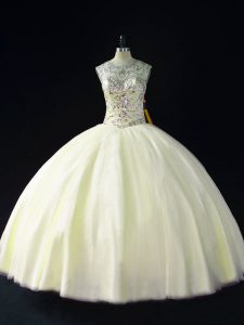 Customized Light Yellow Lace Up 15th Birthday Dress Beading Sleeveless Floor Length