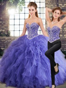 Lavender Quinceanera Gown Military Ball and Sweet 16 and Quinceanera with Beading and Ruffles Sweetheart Sleeveless Lace Up