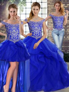 Affordable Sleeveless Beading and Ruffles Lace Up Quinceanera Dresses with Royal Blue Brush Train