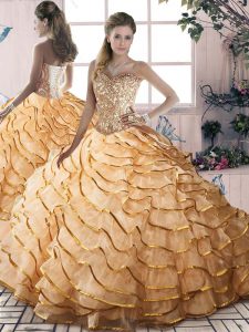 Noble Lace Up 15 Quinceanera Dress Gold for Sweet 16 and Quinceanera with Beading and Ruffled Layers Brush Train