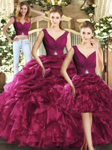 Best Burgundy Organza Backless V-neck Sleeveless Floor Length Quince Ball Gowns Ruffles and Pick Ups