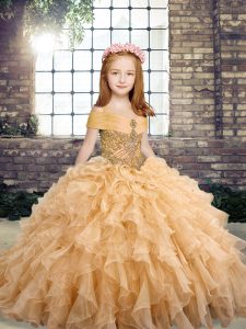 Beauteous Floor Length Ball Gowns Sleeveless Peach Pageant Gowns For Girls Lace Up