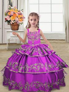 Glorious Purple Ball Gowns Satin Straps Sleeveless Embroidery and Ruffled Layers Floor Length Lace Up Little Girl Pageant Dress