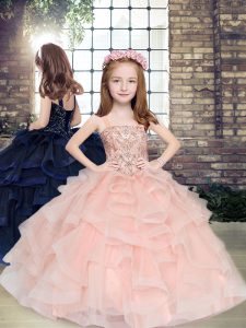 Peach Ball Gowns Tulle Straps Sleeveless Beading and Ruffles Floor Length Lace Up Kids Formal Wear