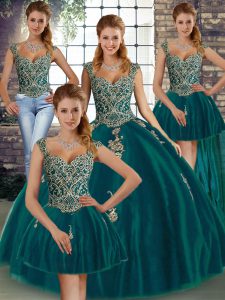 Decent Floor Length Ball Gowns Sleeveless Peacock Green 15 Quinceanera Dress Lace Up