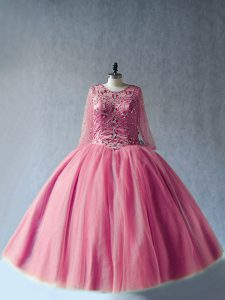 High Quality Pink Scoop Neckline Beading Vestidos de Quinceanera Long Sleeves Lace Up