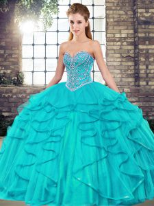Sleeveless Tulle Floor Length Lace Up 15 Quinceanera Dress in Aqua Blue with Beading and Ruffles