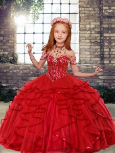 High End Red Sleeveless Beading Floor Length Little Girl Pageant Gowns